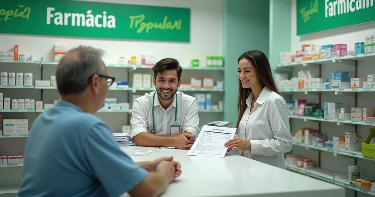 Pessoa em farmácia entregando documentos ao balconista para retirada de medicamentos 