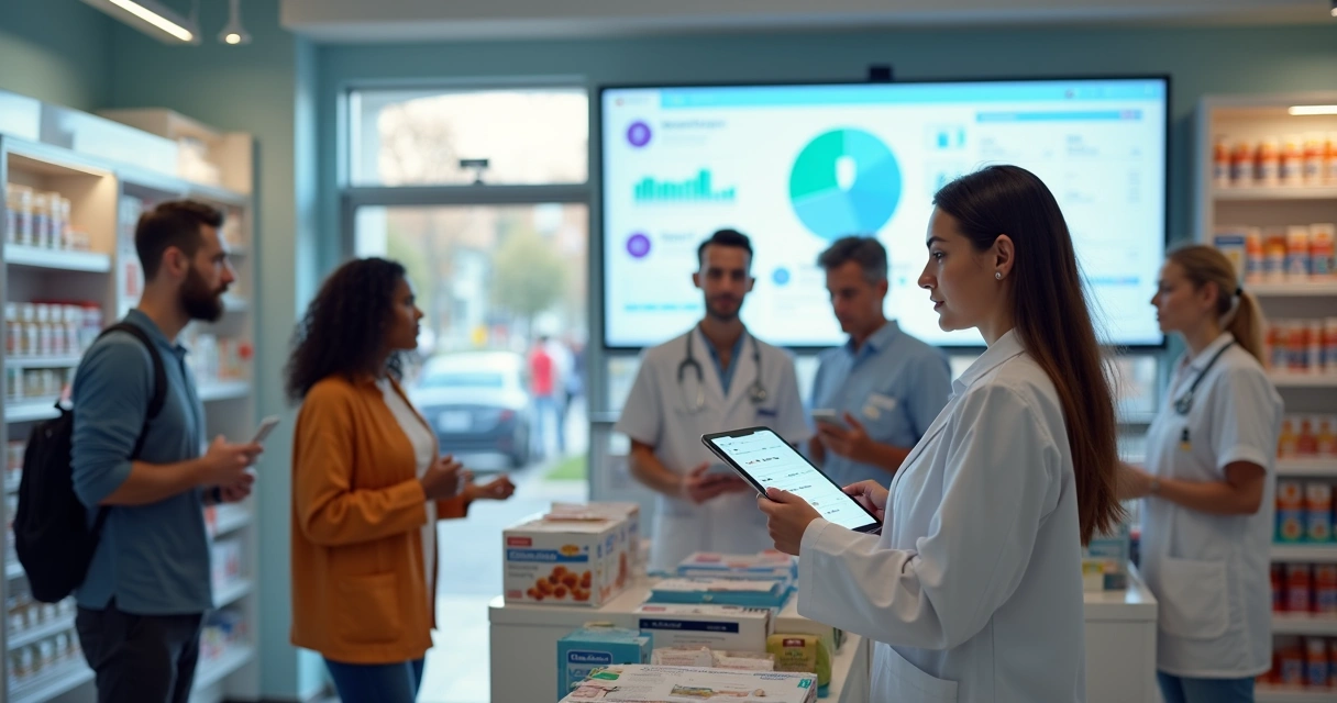 Farmacêutico mostra pedidos digitais em tablet 