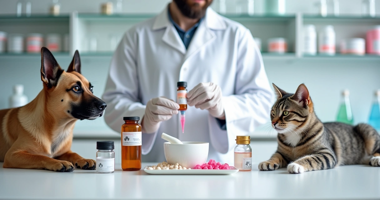 Cachorro e gato ao lado de frascos de remédio pet manipulados em bancada de farmácia veterinária 