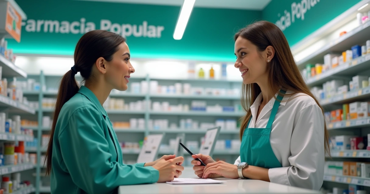 Funcionário de farmácia atendendo cliente no balcão do programa Farmácia Popular 