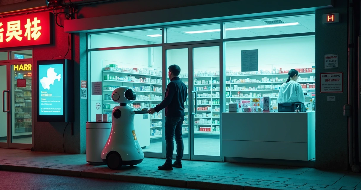 Robô farmacêutico atendendo cliente em farmácia noturna futurista 