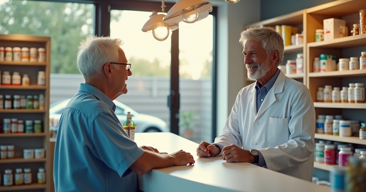 Farmacêutico conversa com idoso em farmácia moderna, ambos sorrindo 