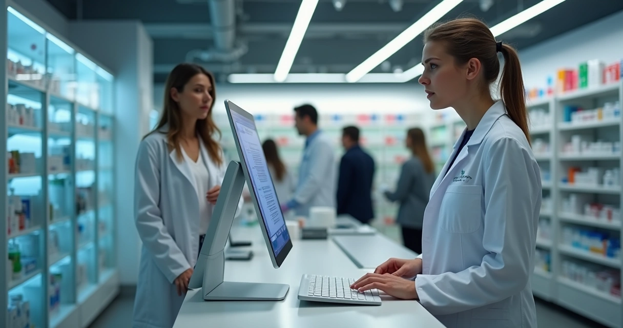 Balconista de farmácia frustrado diante de sistema travado 