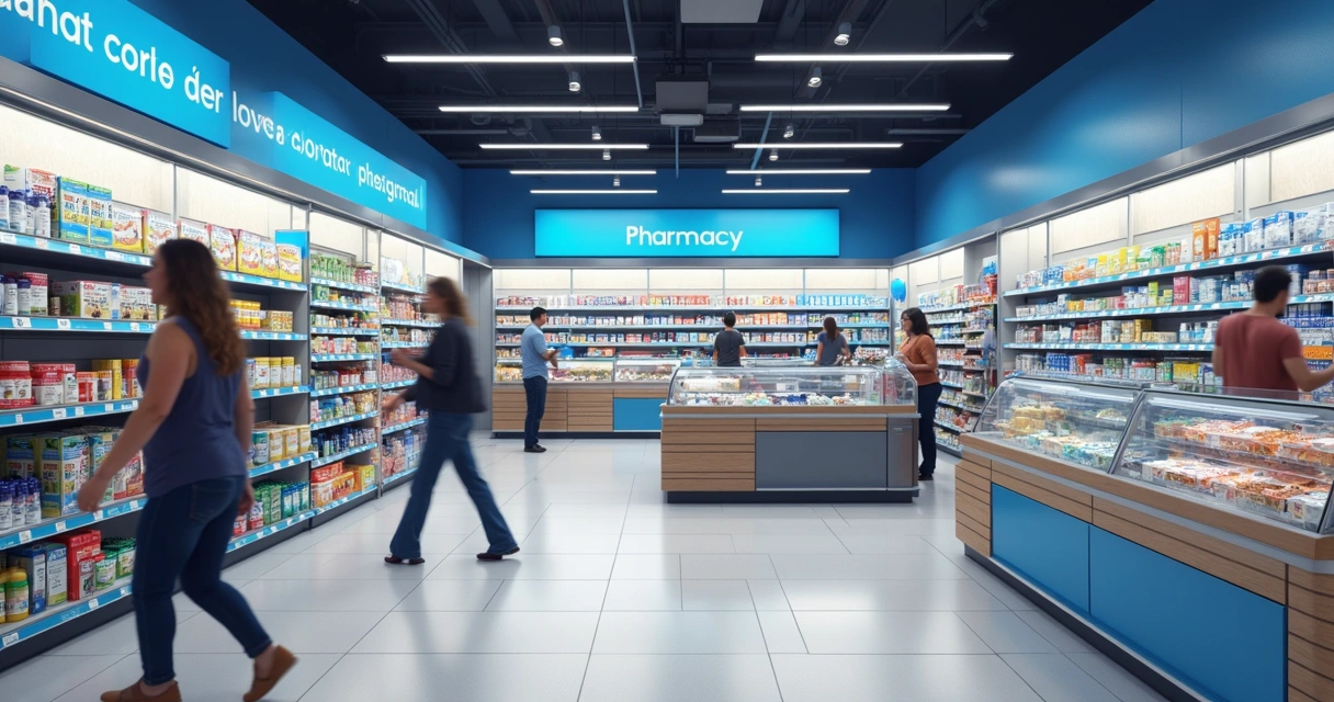 Interior de supermercado com seção de farmácia no fundo 