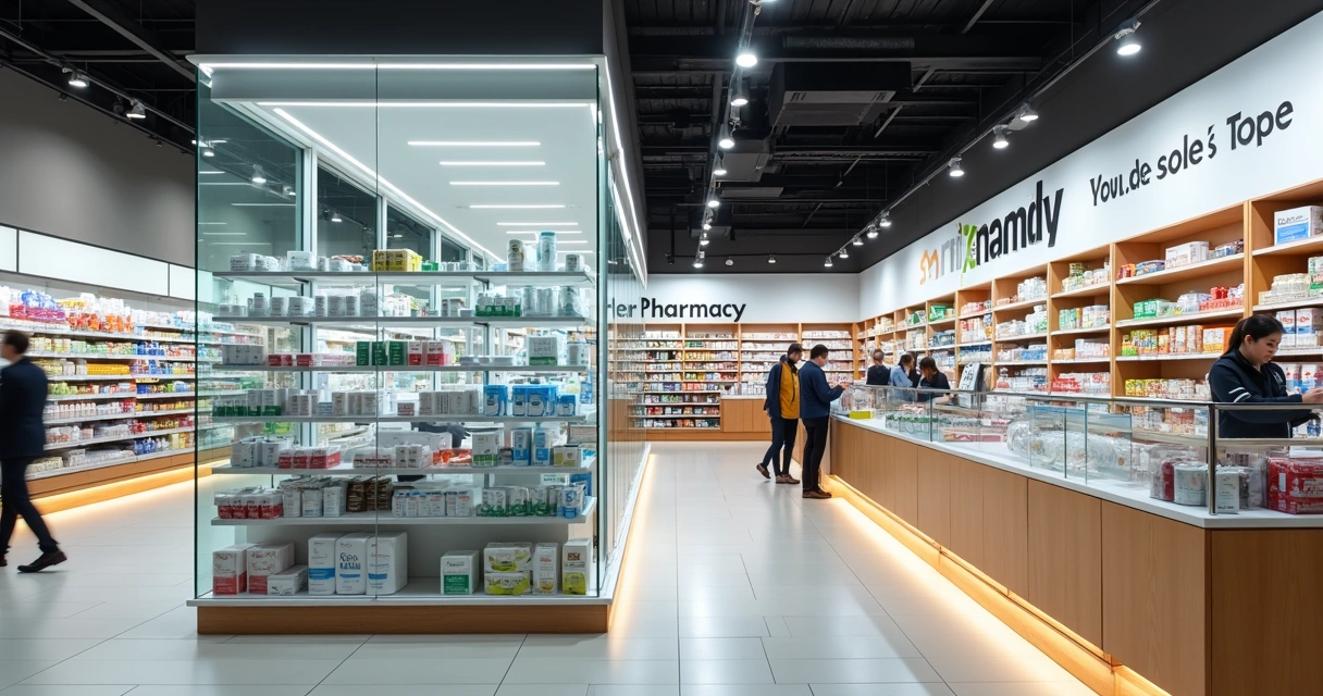 Farmácia moderna dentro de supermercado, espaço reservado com balcão de atendimento e farmacêutico ativo. 