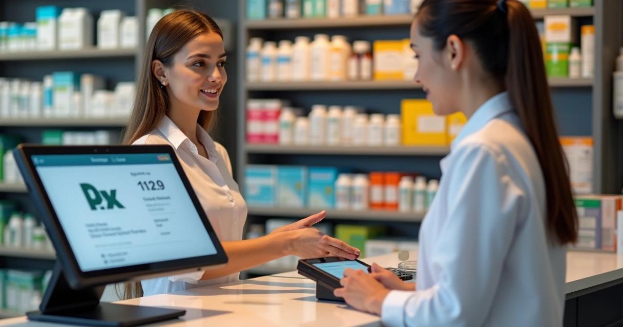 Pessoa usando um sistema digital em caixa de farmácia 