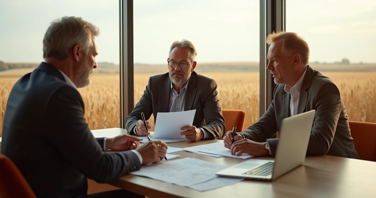 Wheat producers and buyers negotiating contracts at a modern farm office 
