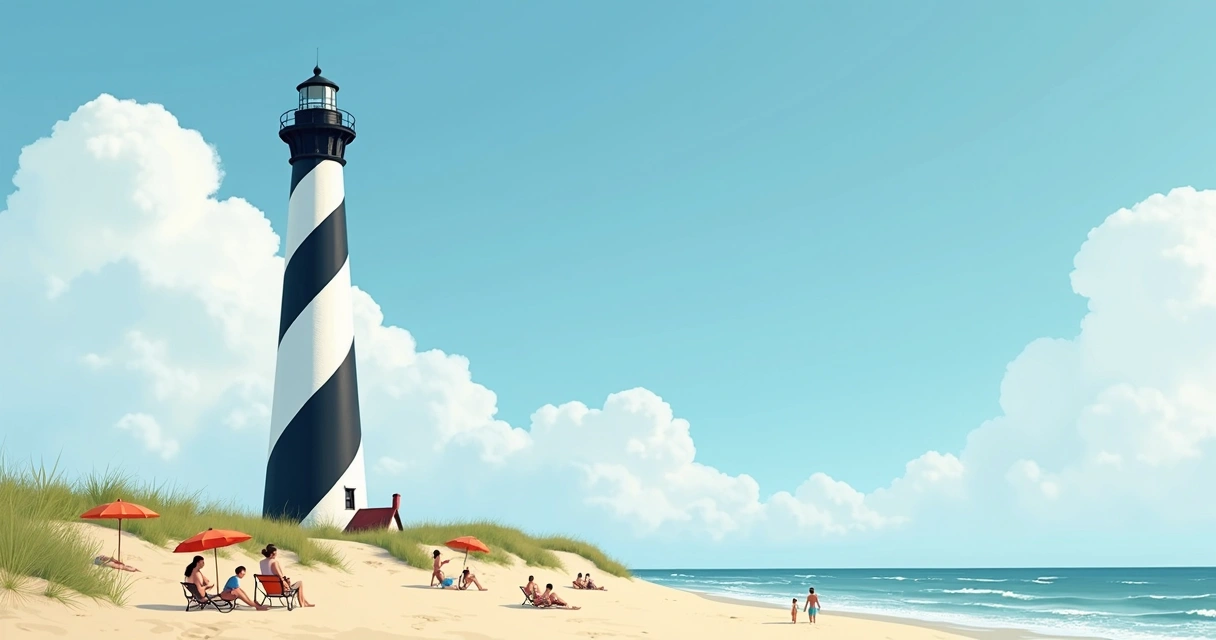 Farol de Cape Hatteras em praia com céu azul 