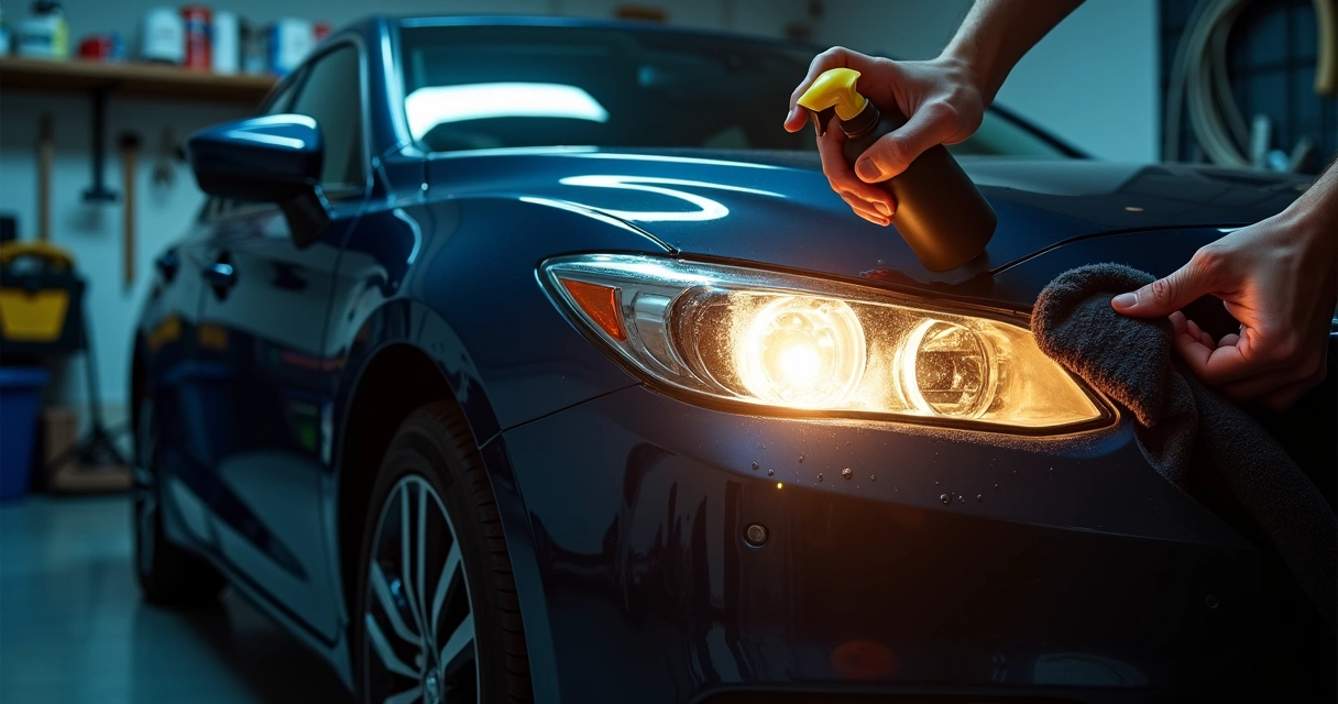 Motorista limpando cuidadosamente farol de carro à noite em garagem 