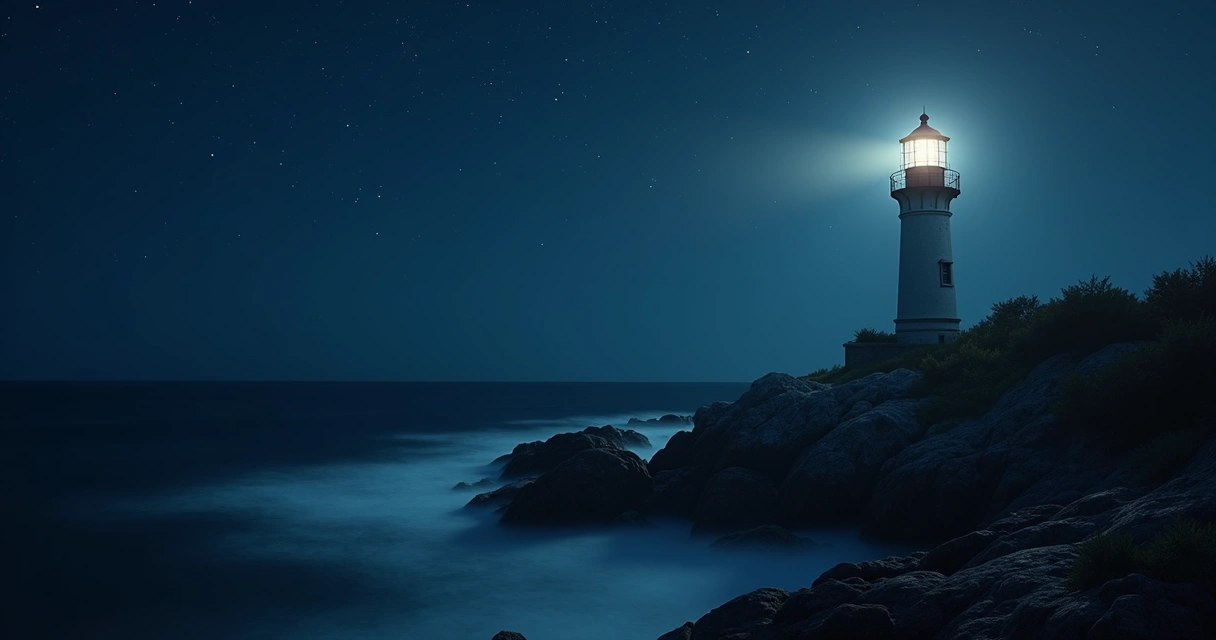 Farol aceso à noite na beira do oceano, luz iluminando a água escura, céu estrelado ao fundo 