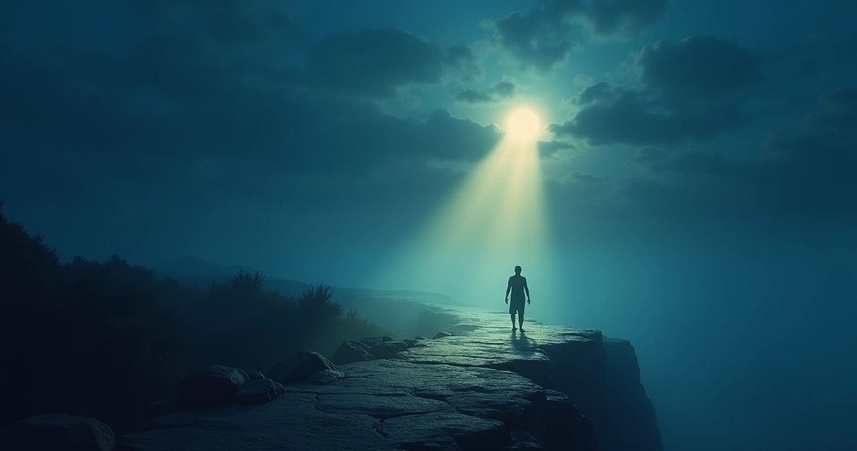 Farol iluminando um caminho através de neblina, simbolizando a intuição guiando decisões, com ícones de escolhas à direita.
