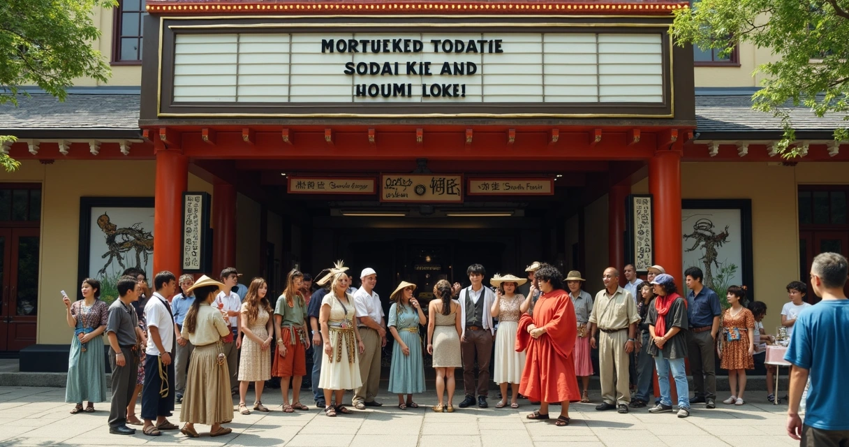 Fãs caracterizados de personagens de Mononoke na entrada do cinema 