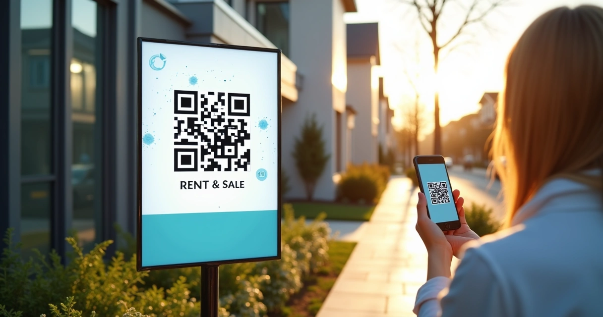 Placa digital com QR code em frente a casa moderna