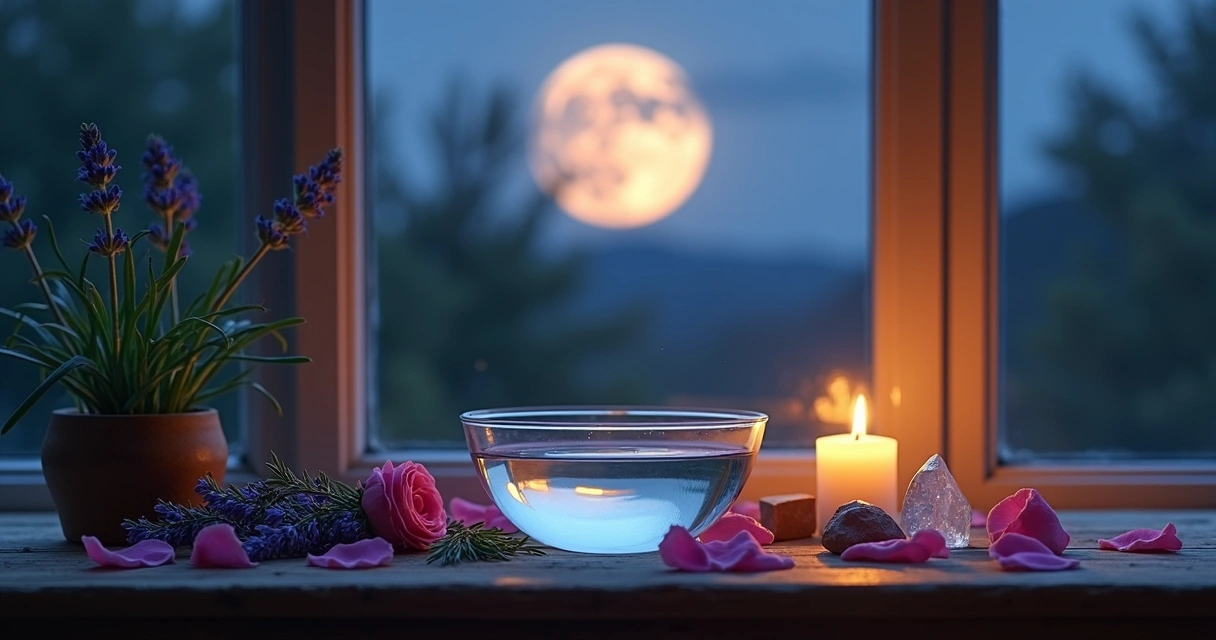 Mesa com cristais, ervas e uma taça de água sob a luz da lua 