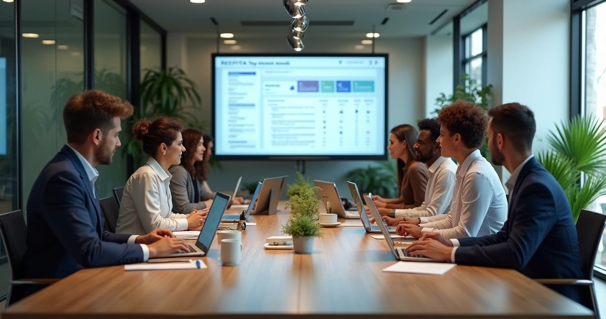 Equipe de contadores testando plataforma Receita Atende em ambiente de escritório moderno 