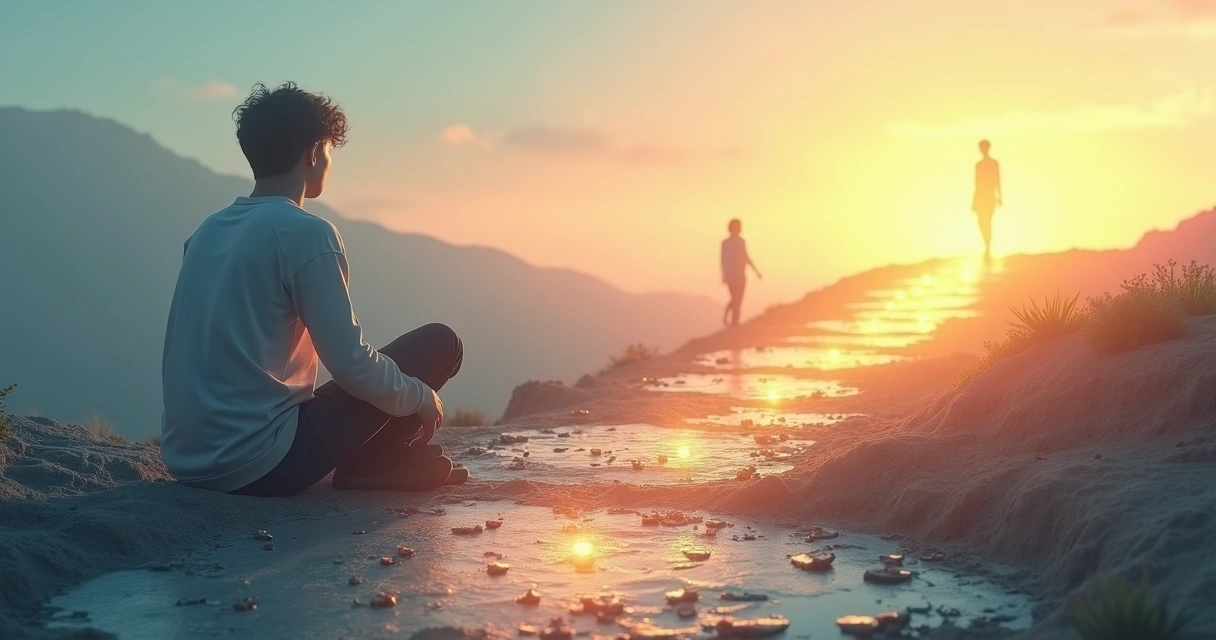 Persona en un camino dividido en cinco etapas hacia la autoaceptación 