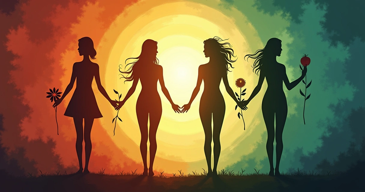 Fases do ciclo menstrual representadas em ilustração com símbolos femininos 