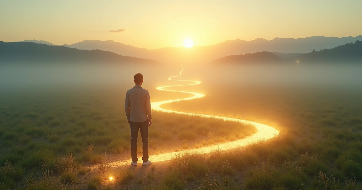 Persona frente a camino en espiral que simboliza fases de toma de conciencia 