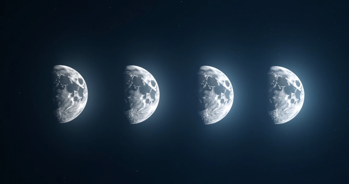 Quatro representações detalhadas das fases da lua sobre fundo azul escuro 