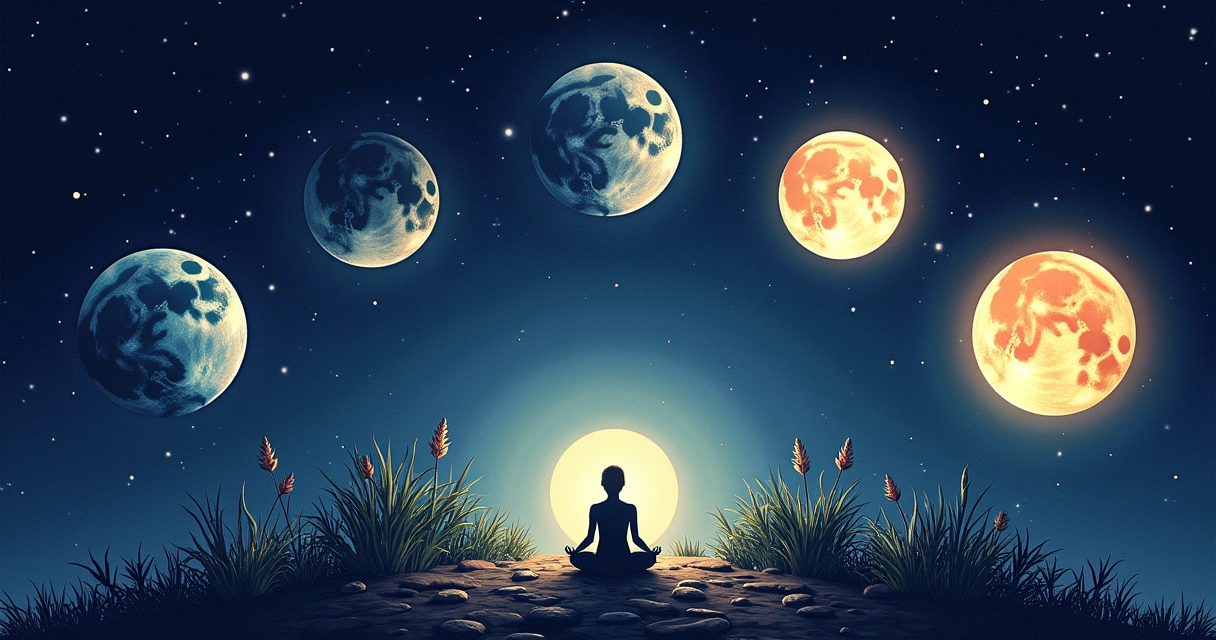 Ilustração das quatro fases da lua em disposição circular, representando emoções e energia lunar.