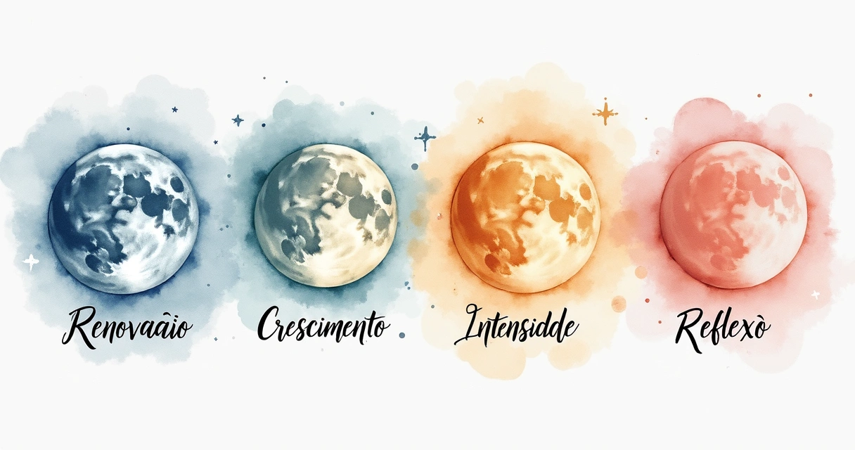 Quatro ilustrações das fases da Lua com sentimentos escritos junto 