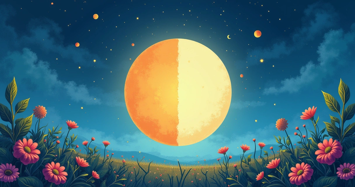Ilustração das fases da lua em quatro quadrantes: Nova com sementes, Crescente com brotos, Cheia com colheita e Minguante com folhas caindo.