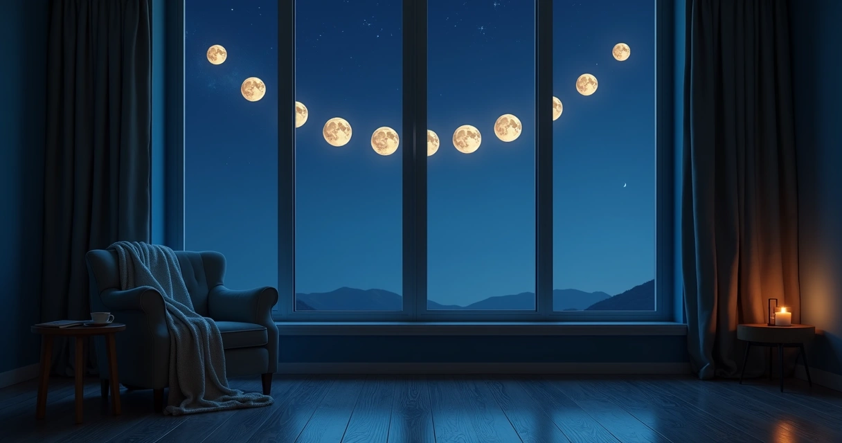 Fases da Lua vistas em montagem sobre céu noturno pela janela
