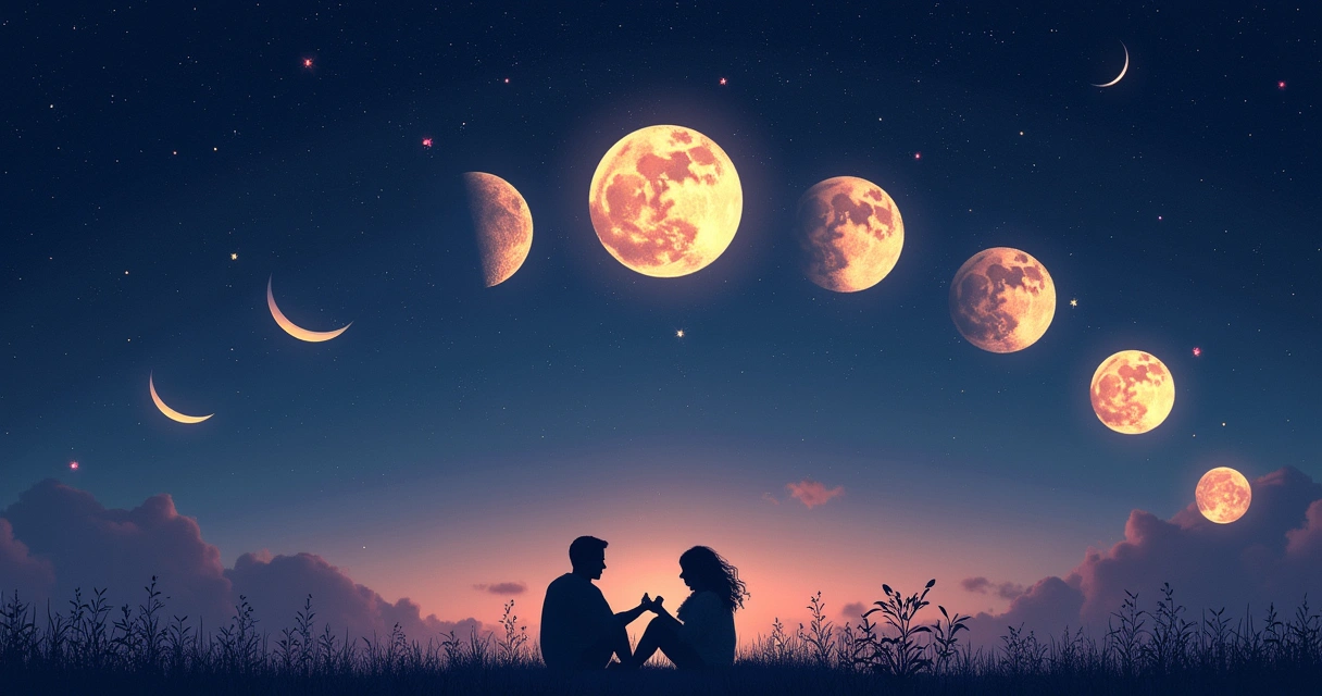 Fases da lua em um céu noturno, simbolizando amor e relacionamentos com casais e reflexões.