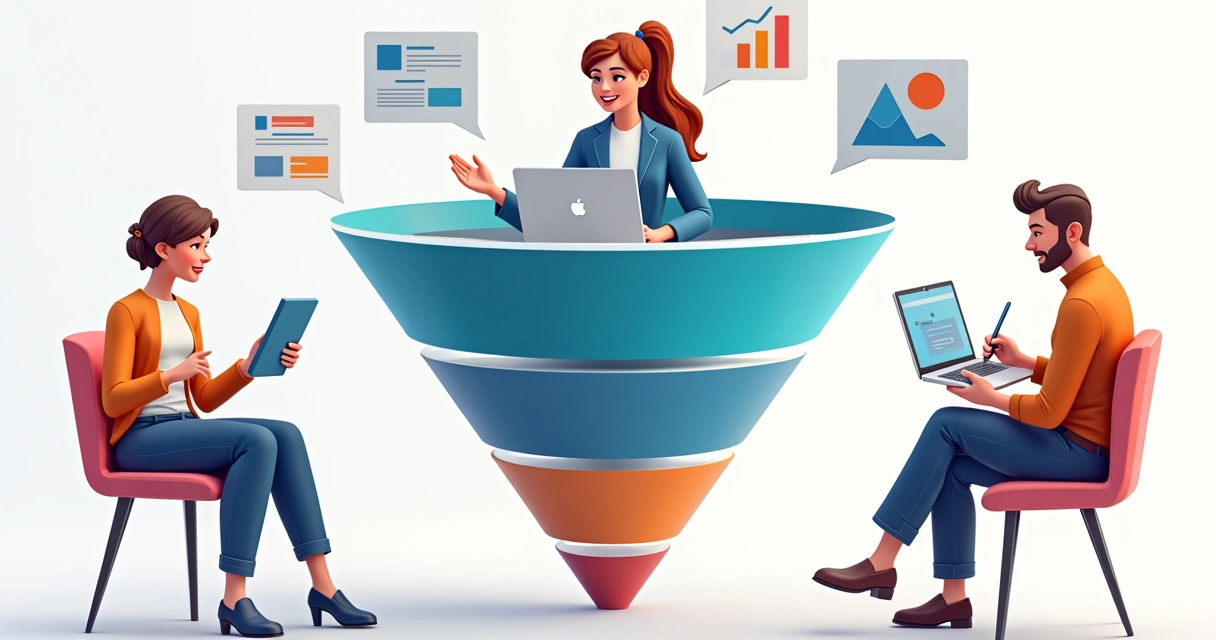 Representação visual de etapas do funil de vendas com avatares diferentes para cada persona 
