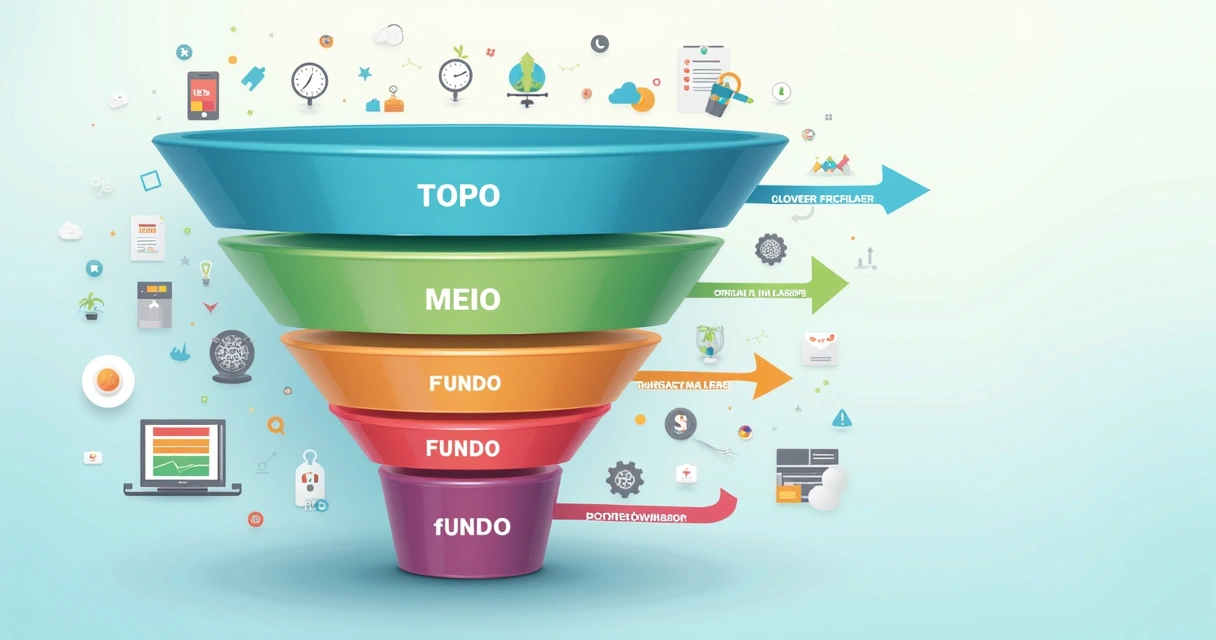 Diagrama colorido com etapas do funil de vendas: topo, meio e fundo 