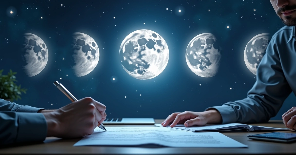 Representação das quatro fases da lua acima de mesa de escritório com documentos empresariais 