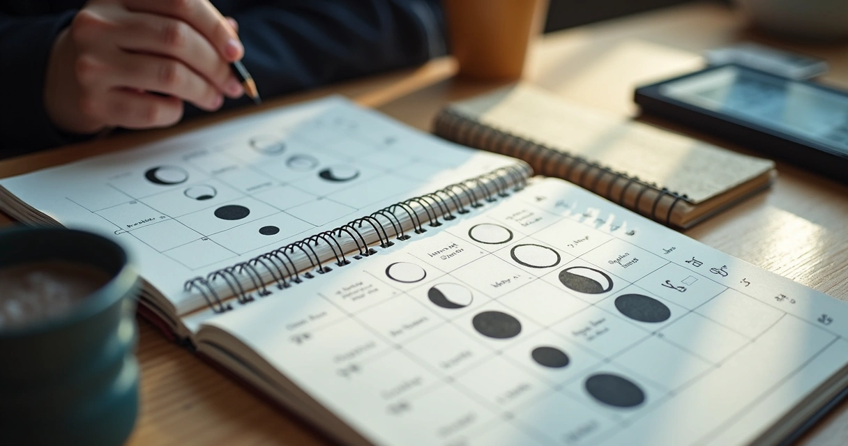 Caderno com fases da Lua desenhadas e calendário mensal aberto 