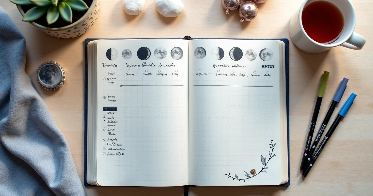 Caderno com fases da Lua e anotações astrológicas 