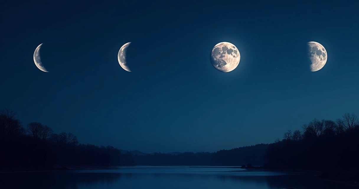 As quatro fases da lua ilustradas no céu noturno, cada uma em destaque