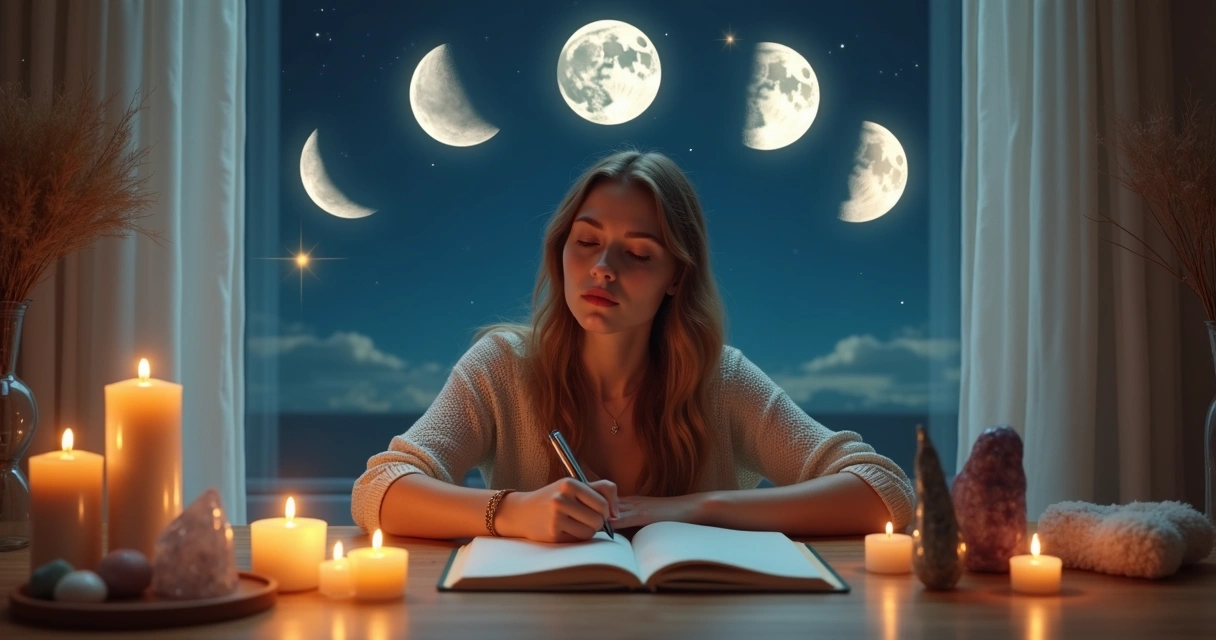 Mulher escrevendo em diário em mesa com ilustrações de fases lunares