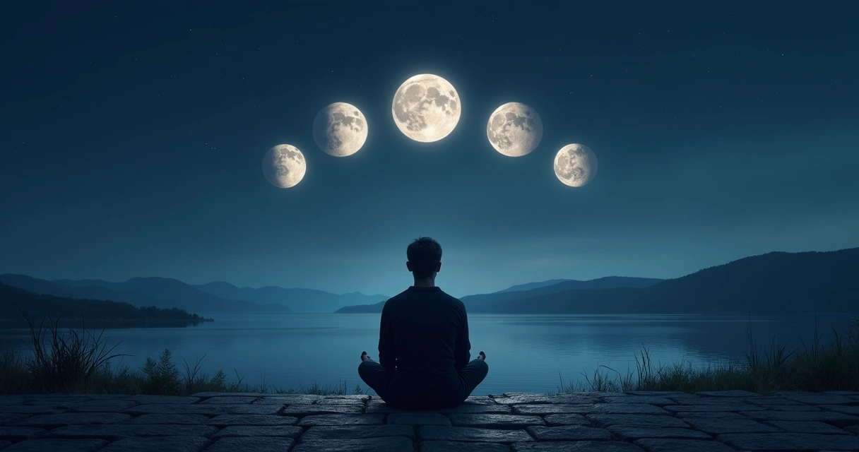 Pessoa meditando diante das fases da lua