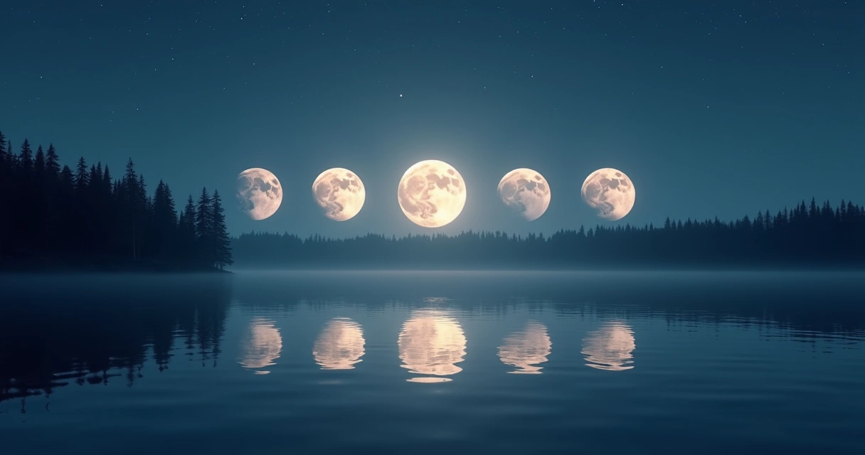 Reflexo das quatro fases lunares em paisagem noturna com árvores e lago
