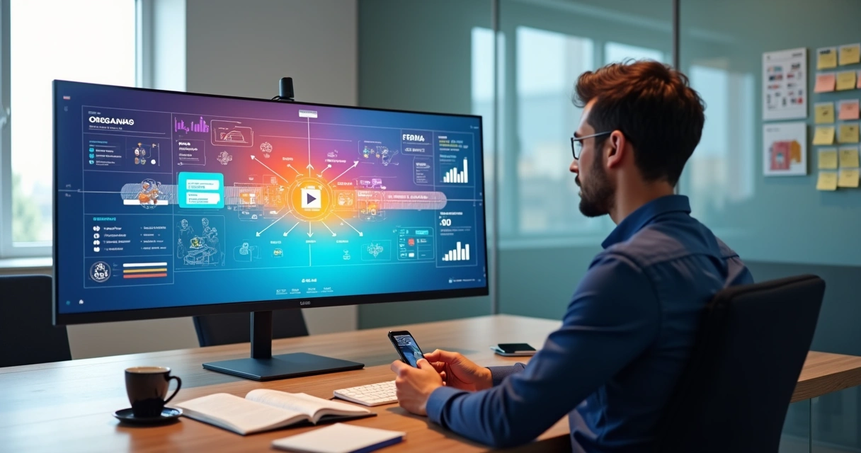 Mentor em reunião online analisando as fases do negócio de mentoria em painel colorido 