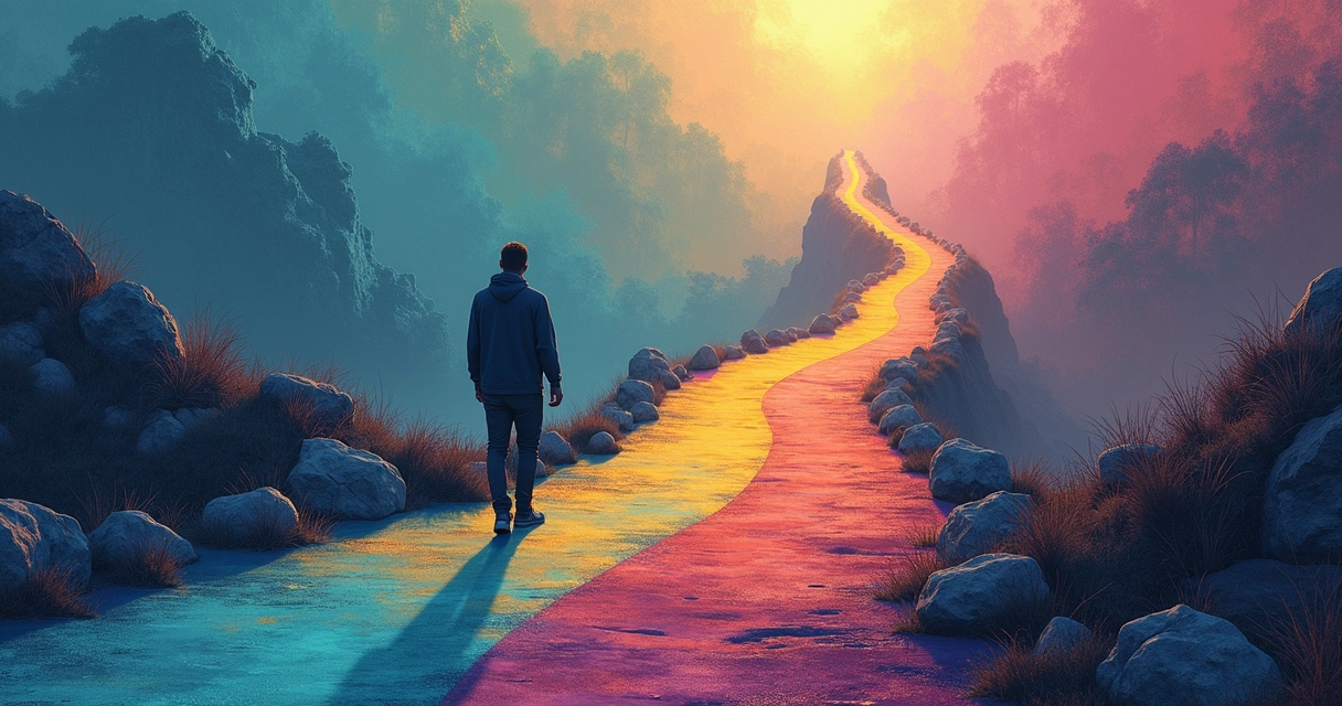 Ilustração de uma pessoa caminhando por diferentes fases, com cores que representam avanços e retrocessos no desenvolvimento. 