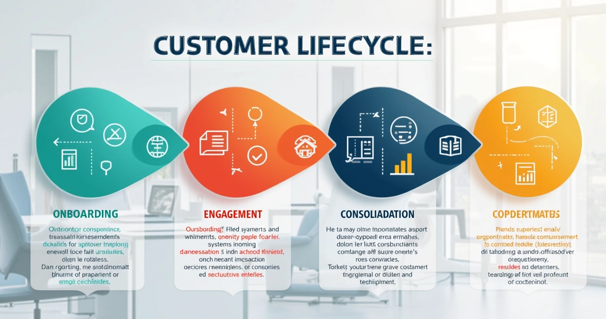 Esquema visual com quatro estágios do ciclo de vida do cliente, destacando oportunidades de upsell em cada fase 