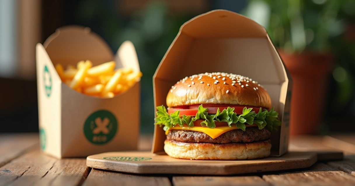 Hambúrguer com batatas fritas em embalagem sustentável sobre mesa de madeira 