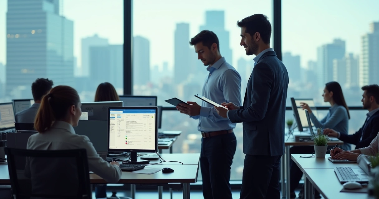 International team members quickly onboarding at digital workstations 