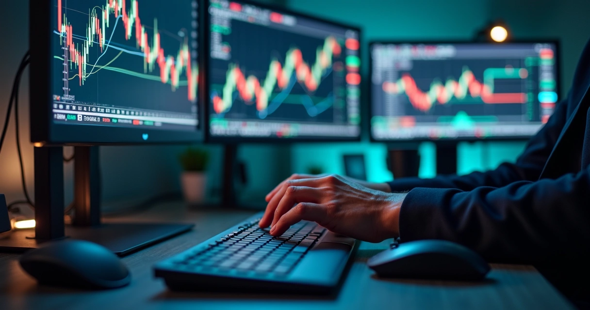 Person at trading desk with multiple screens showing fast-moving stock charts 