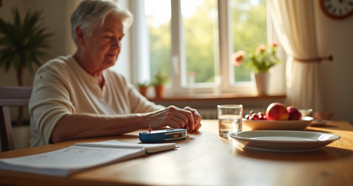 Middle-aged person checking blood sugar at a kitchen table before breakfast 
