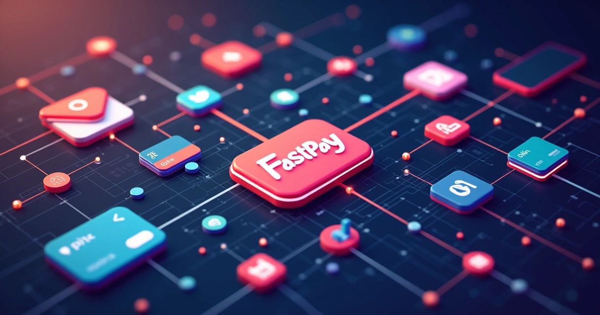 Representação do ecossistema FastPay integrando plataformas de marketplace e métodos de pagamento 