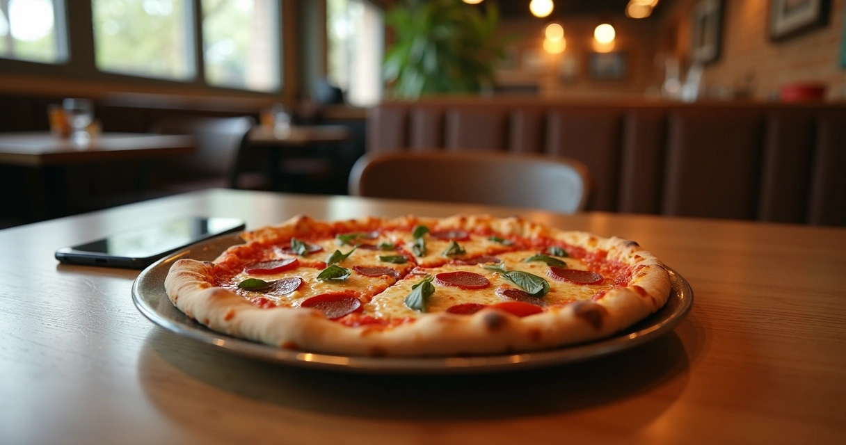 Fatia de pizza sendo servida em prato enquanto cliente faz pedido de pizza online no celular 