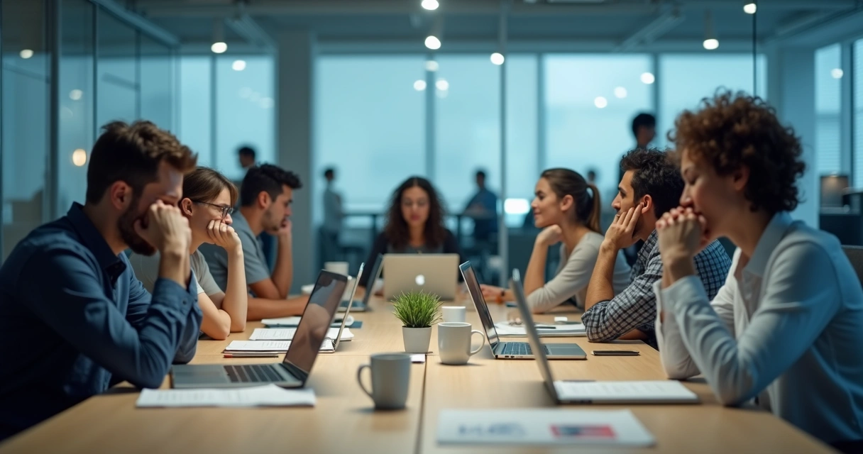 Grupo de personas en oficina abierta mostrando señales de fatiga colectiva 