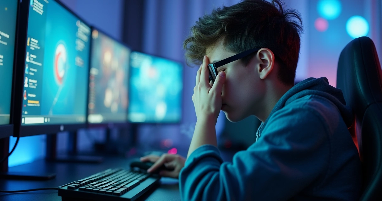 Gamer rubbing tired eyes with computer screens in background