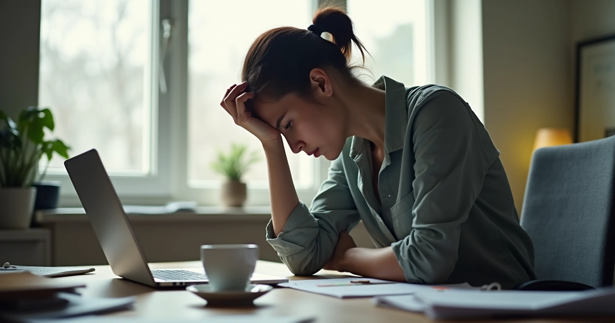 Tired person sitting at a desk with notes and a laptop 
