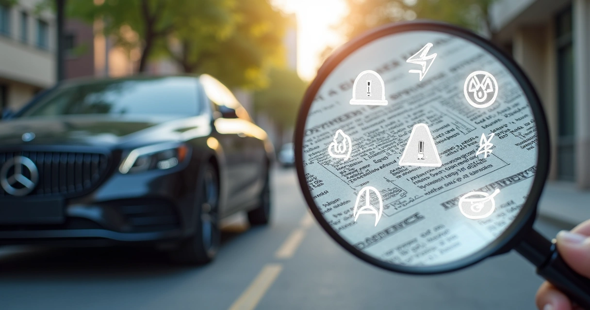 Carro moderno estacionado na rua com uma lupa sobre documentos de seguro e ícones de alerta visíveis 